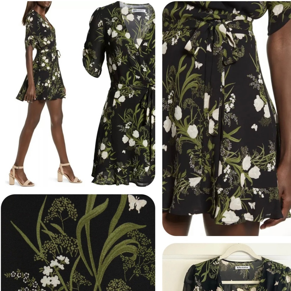 NWOT Reformation Monica Black Floral Georgette Wrap Dress Size M